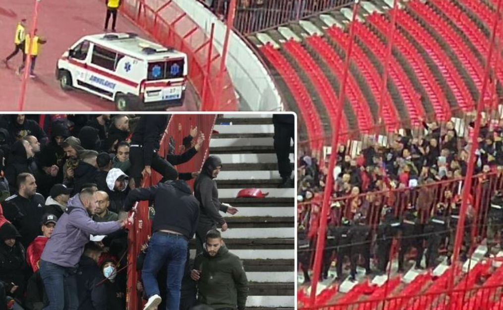 “Thyhet” miqësia serbo-malazeze në Beograd, tifozët mysafirë përplasen me policinë në stadium