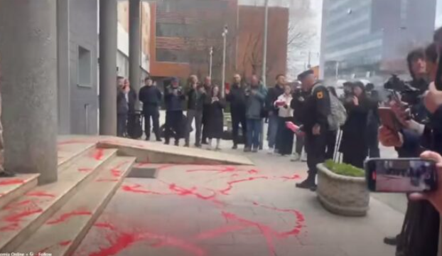 Protestuesit hedhin ngjyrë të kuqe para hyrjes së Kuvendit